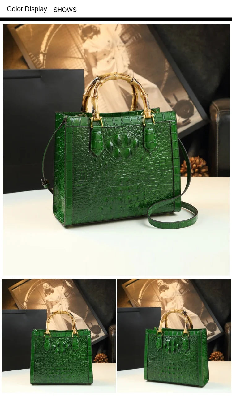 Brand Genuine Leather Real Bamboo Women's Bag Crocodile Pattern Handbag Portable Tote Bag Mom Tide Shoulder Messenger Bags