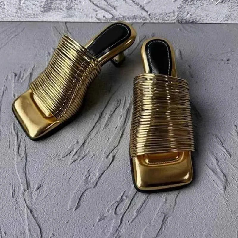Square Toe Stiletto Sandals for Women Summer Shiny Solid Color High Heels Casual Half Slippers Shoes for Women Designer Sandals