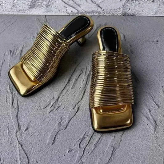Square Toe Stiletto Sandals for Women Summer Shiny Solid Color High Heels Casual Half Slippers Shoes for Women Designer Sandals