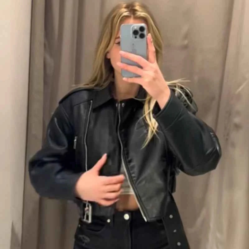 HXAO Black Pu Leather Jacket Women's Jacket Autumn 2025 Crop Asymmetric Zip Coat Long Sleeve Outerwears Chic Motorcyclist Jacket