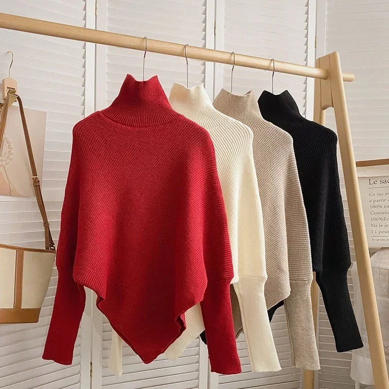 Asymmetric Knit Poncho Sweater for Women Soft Rib-knit Turtleneck Long Sleeve Pullovers Female Tops Autumn Winter Casual Outfit