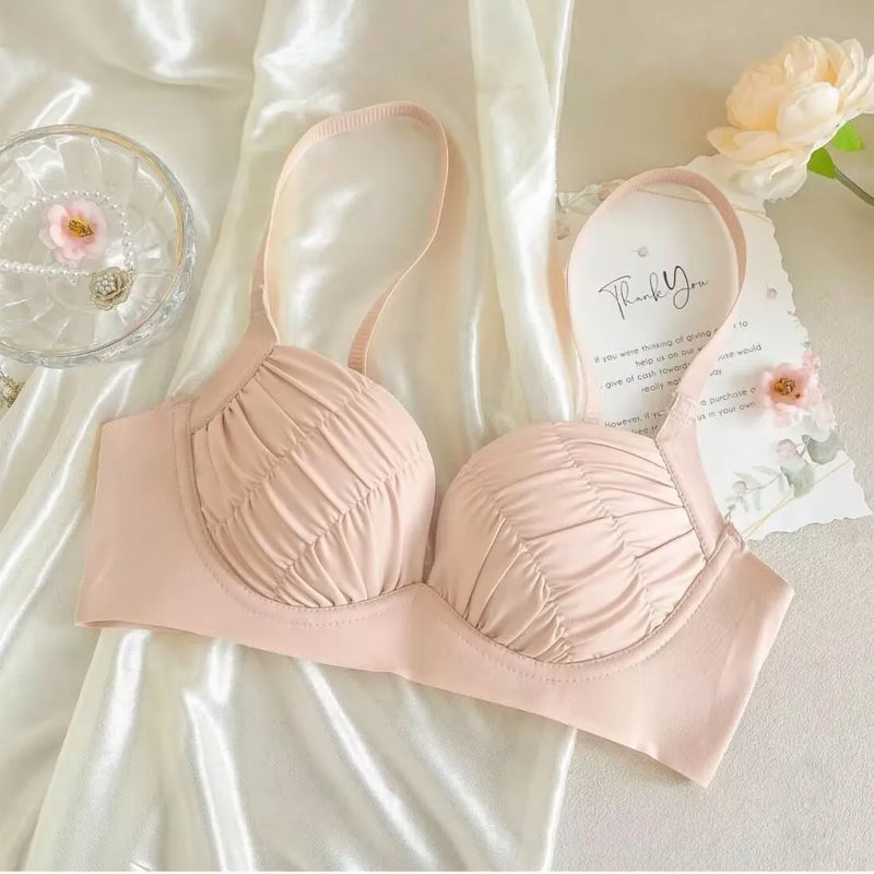 2024 New Pleated Bras Push Up Bra Small Chest No Steel Ring Wirelss Soft Bra Solid Color Sweet Seamless Bra