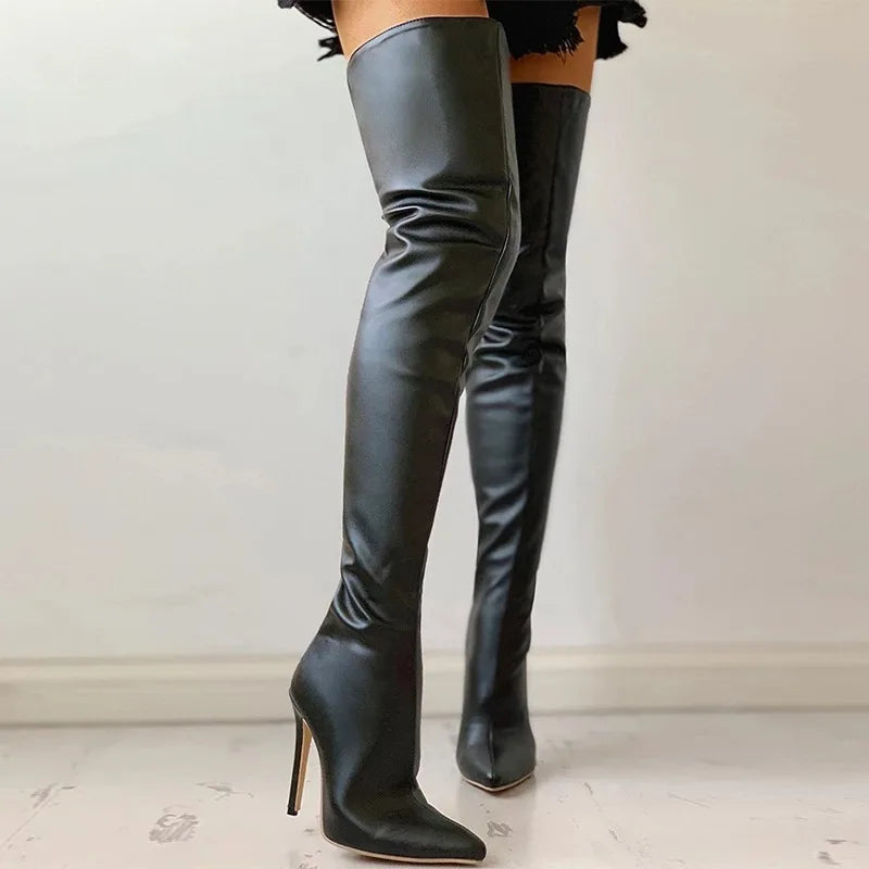 Botas sensuais de salto alto acima do joelho, botas pretas de cano alto para mulheres, sapatos de outono e inverno, botas longas femininas, tamanho grande
