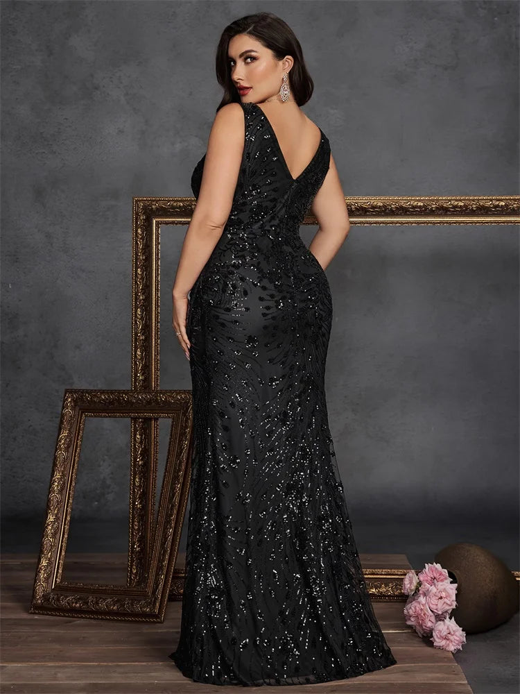 BLUEPLUM Plus Size Elegant Slit Evening Dress 2025 Long Mermaid Formal Sequins Sexy V-neck Caicktail Wedding Party Prom Gowns