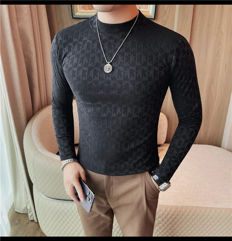 Camiseta elástica estampada de gola alta semi alta para homens, roupas de outono, nova, mangas compridas, jacquard, justa, cor sólida, camiseta slim fit