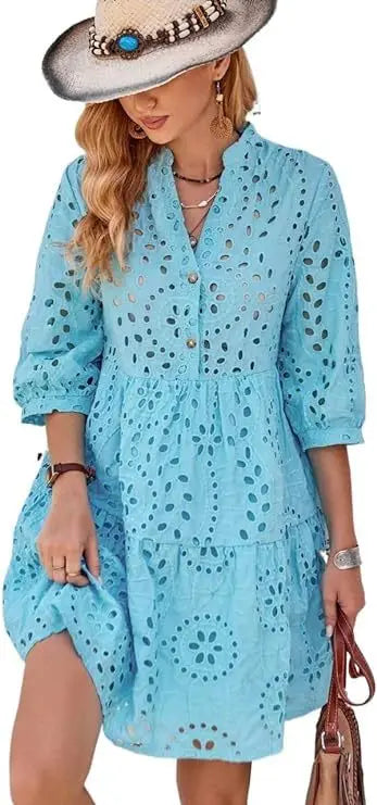 Spring Summer New Solid Color Hollow Out Fashion 7 Point Sleeve Dress Wmen's Casual Loose Simple Elegant Female Holiday Dresses
