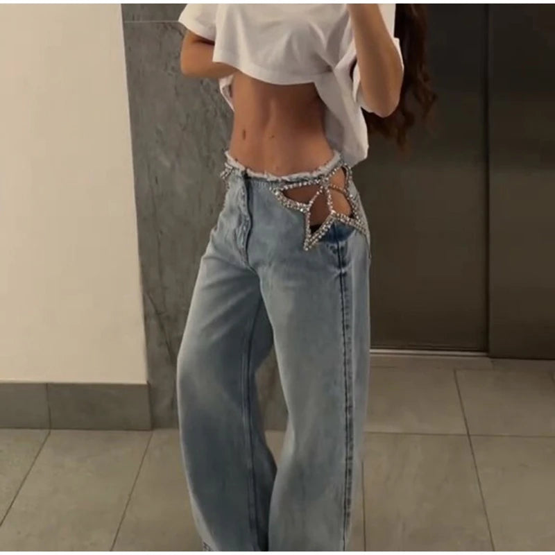 Y2k Hot Fix Rhinestone Cutout Women's Jeans Summer Street Low-rise Wide Leg Loose Denim Pants Lady New Fashion Party Trousers