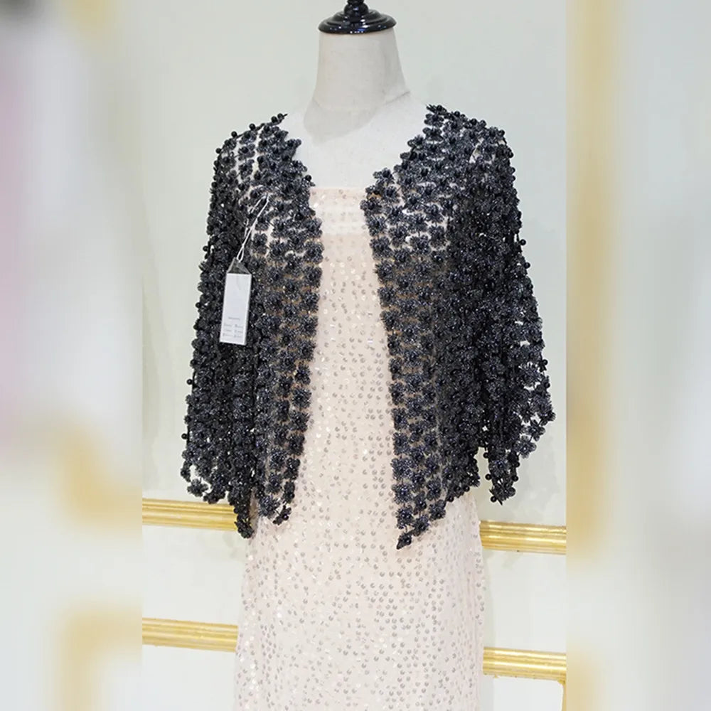 Women Beads Coat 2025 Summer Style Women Perspective Shawl Fashion Hollow Out Lace Boleros Short Sleeve Coats Jackets Femal