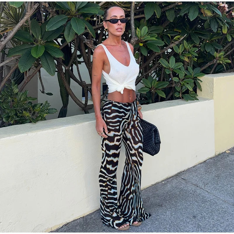 Women's Zebra Print Sheer Chiffon 2 Piece Set V-Neck Slip Tank Top Wide Leg Pants Casual Vacation Chic Outfits