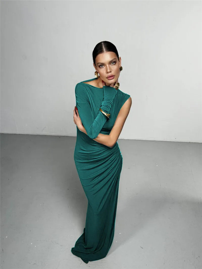 Mozision Skew Collar One Sleeve Sexy Maxi Dress For Women Gown Fashion Solid Thigh High Split Ruched Bodycon Club Long Dress