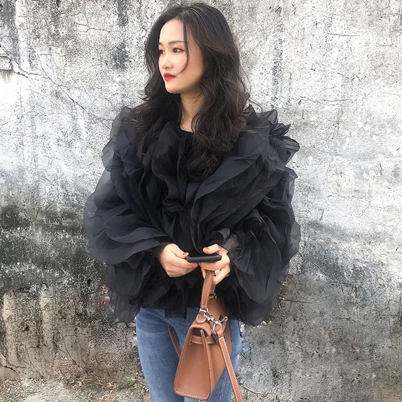 Blusas elegantes de chiffon com babados e patchwork, gola redonda, lanterna, manga comprida, camisa solta