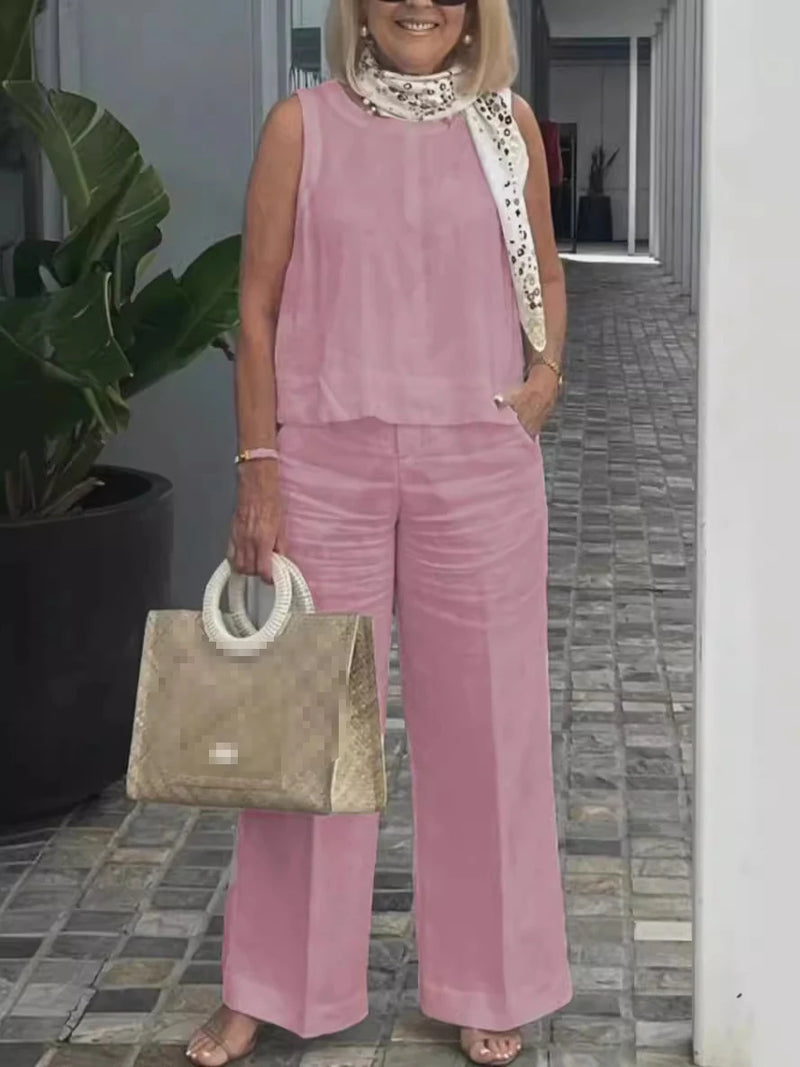 Terno feminino simples de algodão e linho, moda verão, blusa solta sem mangas, calças de perna larga, conjunto de duas peças para mulheres, roupas casuais