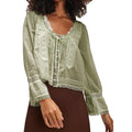 Blusa feminina Combhasaki Y2K Fairy, manga comprida, gola quadrada, patchwork de renda, amarração frontal transparente, blusa curta com botões
