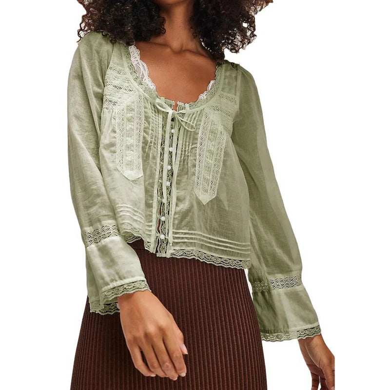Blusa feminina Combhasaki Y2K Fairy, manga comprida, gola quadrada, patchwork de renda, amarração frontal transparente, blusa curta com botões