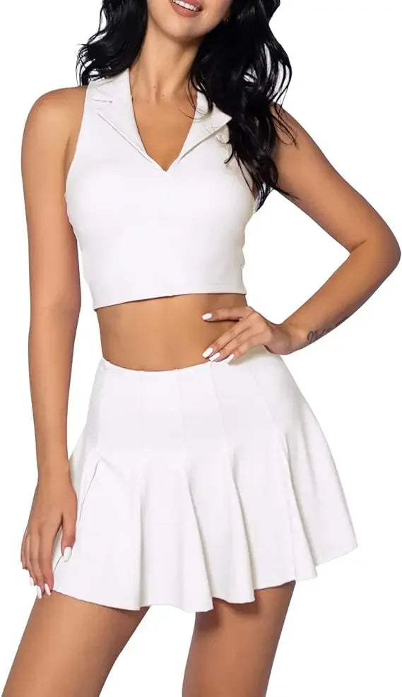 Women's Breathable Golf Wear Tennis Sport Sets Crop Top Short 2 in 1 Skirt Set Workout Clothing Solid Fitness Yoga T-Shirt