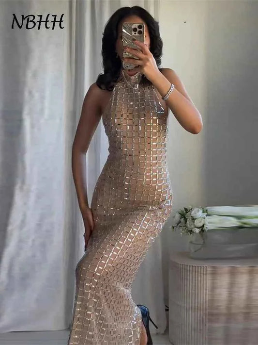 Luxury Diamonds Halter Long Dress Women Sexy Slim Sleeveless Backless Split Party Dresses 2026 Spring Summer Lady Evening Robes