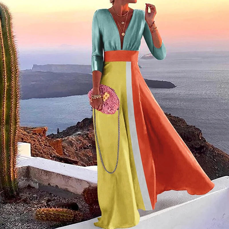 Fashion Printed Color Long Sleeve Boho Dress Elegant Deep V Neck Party Maxi Dress Women Sexy Slim Autumn New Dress Vestidos