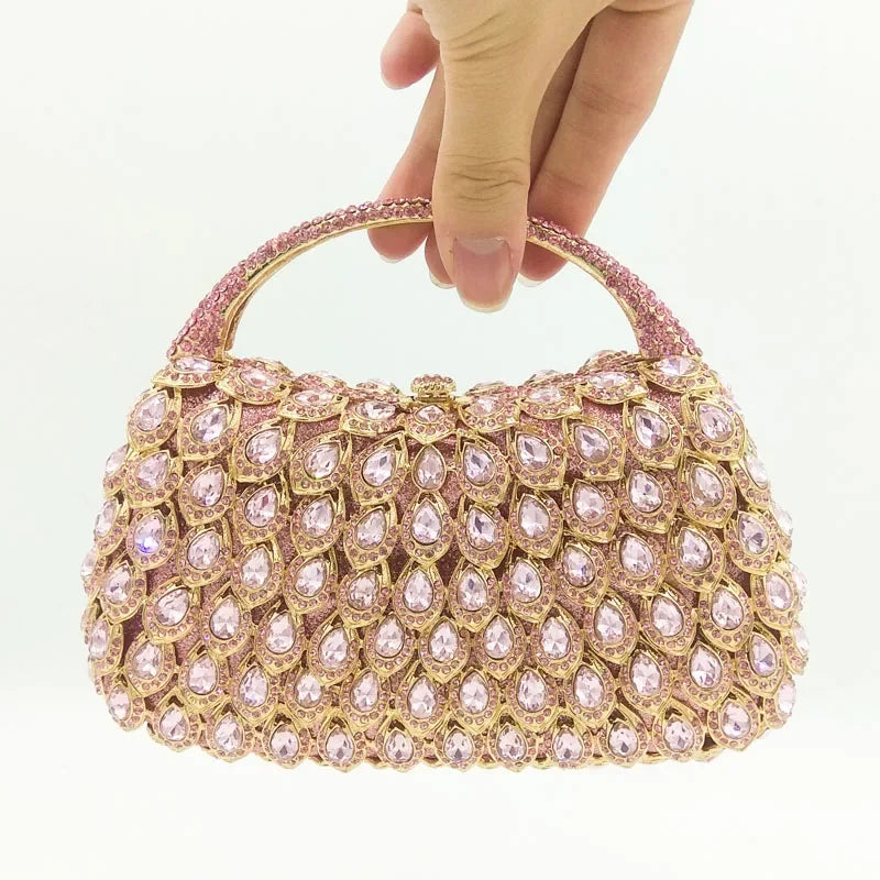 Boutique De FGG Pink Crystal Rhinestone Clutch Handbag Women Metal Minaudiere Top Handle Tote Purse Wedding Party Evening Bag