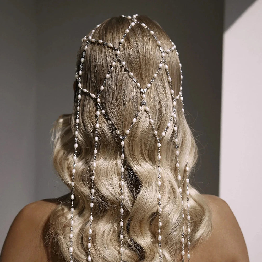 Bohemian Mesh Tassel Pearl Headband Chain Women Head Accessories Luxury Bridal Round Rhinestone Hair Chain Headpiece for Women