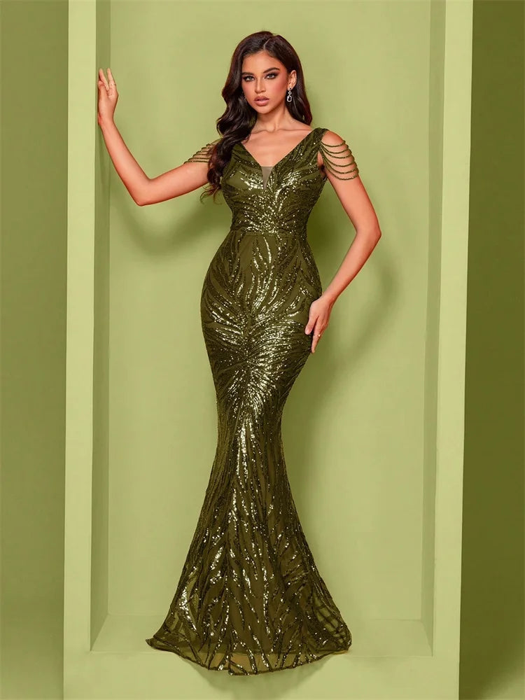 Elegant V-Neck Beading Sequin Evening Dress 2025 Long New Luxury Women Formal Mermaid Party Prom Cocktail Graduation Gowns