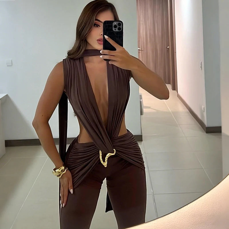 Women Ruched Sexy Metal Trim Jumpsuit Waistless Cross Hollow Bandage Coquette Midnight Workout Hipster Stretch Overalls