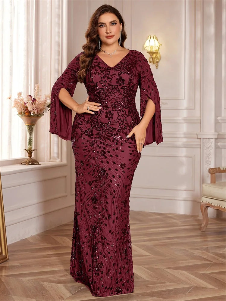 XUIBOL Plus Size Luxury Green Evening Dresses Women 2025 Long Sleeve Mermaid Formal Sequins Prom Wedding Party Cocktail Gowns