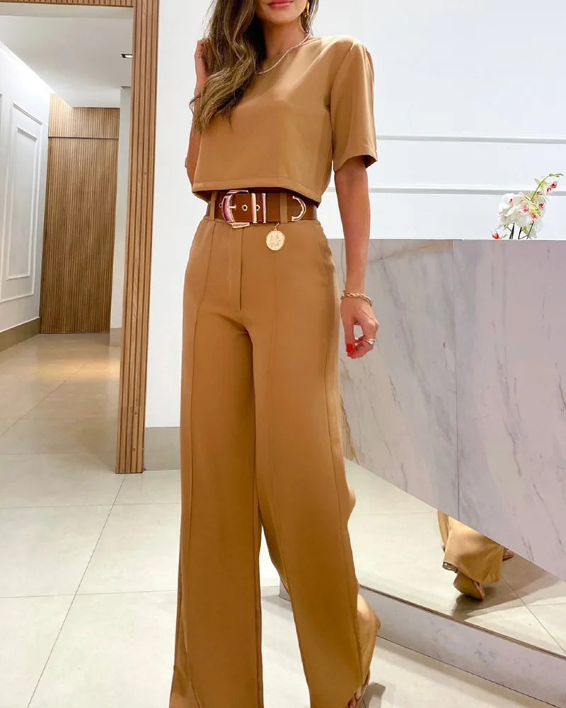 Casual Fashion Women Half Sleeve Crop T-shirt Wide Leg Pants Set Summer Femme Office Lady Two Pieces Suit Set Workwear Outfits