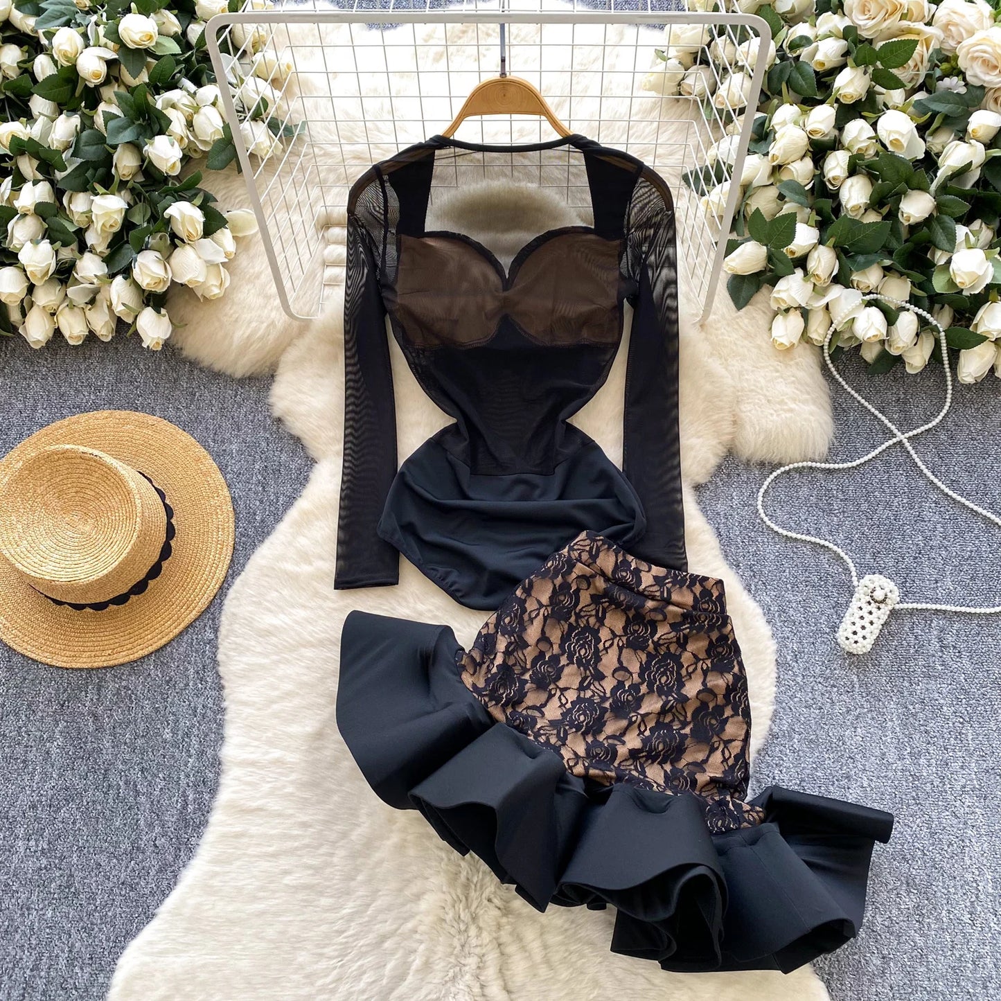 SINGREINY Sexy Floral Lace Suit Mesh Sheer Slim Bodysuit+Ruffles Mini Mermaid Skirt Ladies Retro Luxury Ball Party 2 Pieces Sets