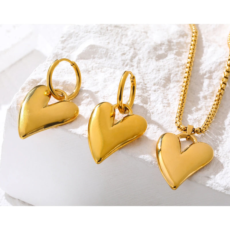 YACHAN 18K Gold Plated Stainless Steel Irregular Heart Necklace Earrings for Women Glossy Chic Waterproof Jewelry Set - CRAVO ROSE