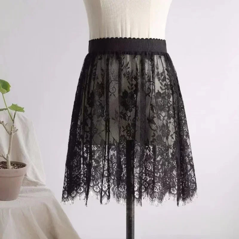 Saia preta elegante de 2 comprimentos, renda branca, transparente, saia longa de tule, feminina, elástica, cintura alta, praia, saia midi