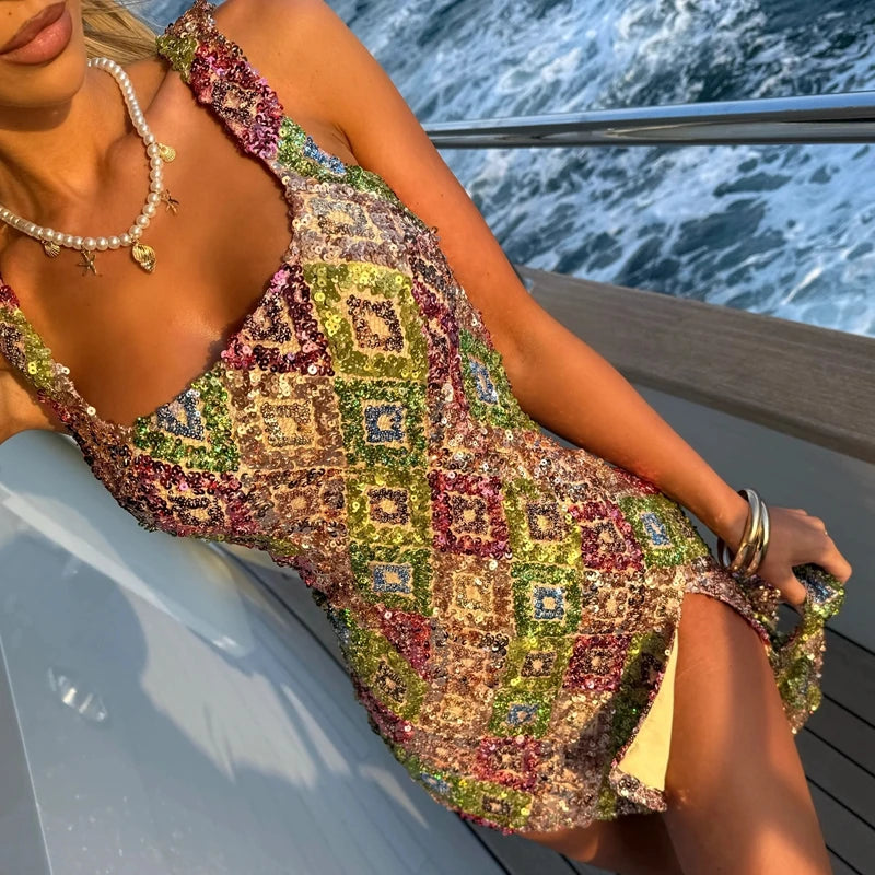 Elegant Luxury Club Party Rave Coquette Dresses for Women Sparkle Glitter Slim Fit Dress Multicolour Sequin Bodycon Mini Dress