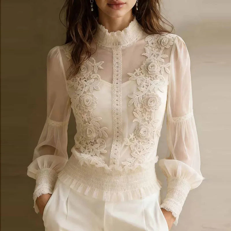 Spring Elegant Lace Mesh Hollow Sexy Blouses Women High Neck Embroidered Sheer Shirt Summer Vintage Smocked Waist Ruffle Hem Top