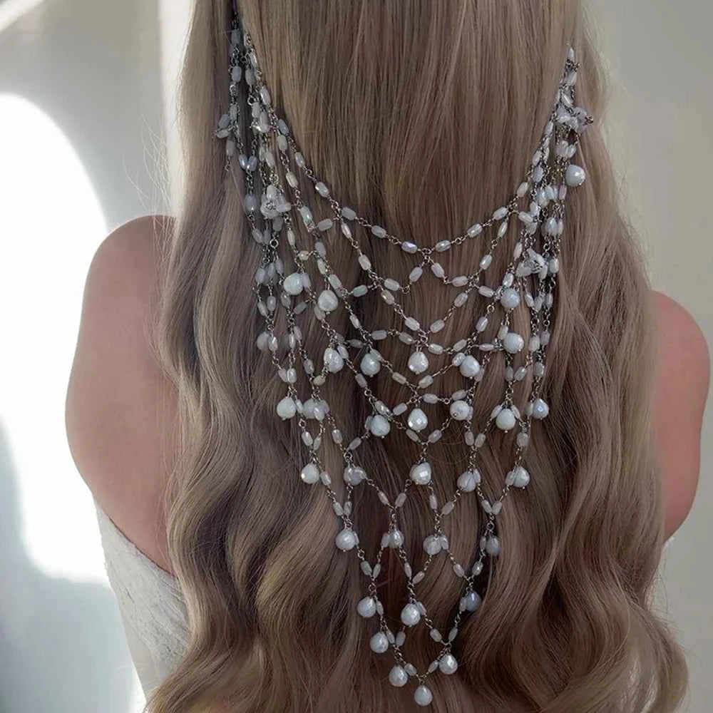 Elegant Round Pearl Mesh Headpiece Tiara Wedding Head Accessories 2026 Temperament Bridal Tassel Hair Chain Hat Prom for Women