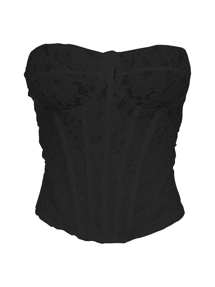 Trendix Elegant Satin Skirts And Vest Suits Women French Vintage Lace Tube Top High Waist Maxi Skirt 2 Piece Sets Womens Outfits