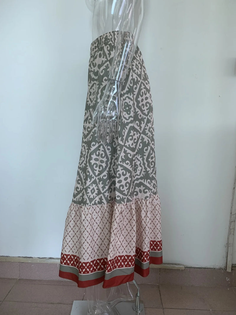 Saia maxi estampa boho feminina moda cintura alta impressão 3D vestido longo casual solto verão saias de cintura alta