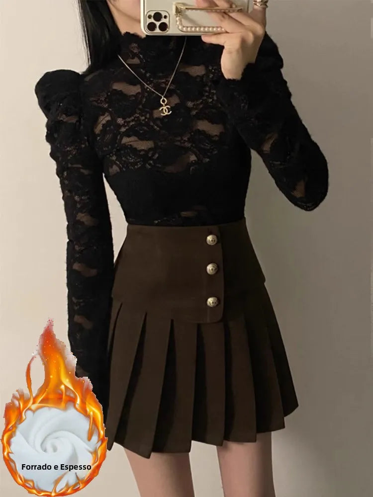 Fleece Lined Lace Base Shirt Women's Autumn Winter Hollow out Mesh Top Trendy Commute Style High Neck Long Sleeve  Color