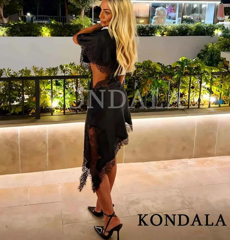 KONDALA Sexy Waist Hollow Dress Women Satin Asymmetrical Hem Lace Dress 2026 Spring Summer Fashion Holiday Dating Party Dress