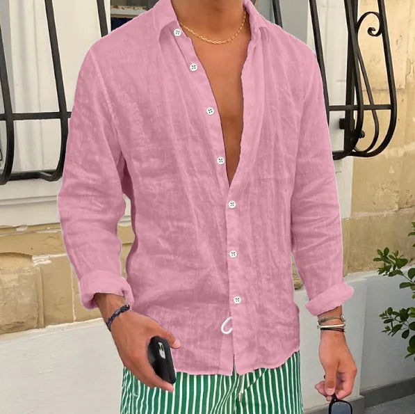 Breathable and Comfortable Pure Cotton Long Sleeved Shirt Summer Thin Cut Lapel Solid Color Versatile Beach Shirt