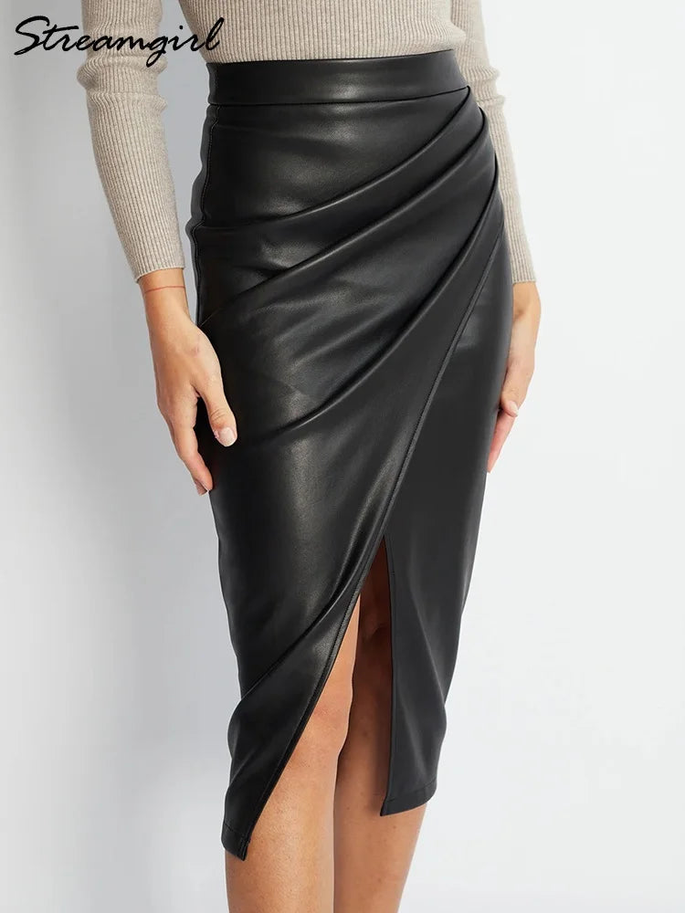 Women Midi Leather Skirt Sexy Split High Waist Zipper PU Front Slit Skirts Ladies Black Faux Leather Folded Skirt For Women