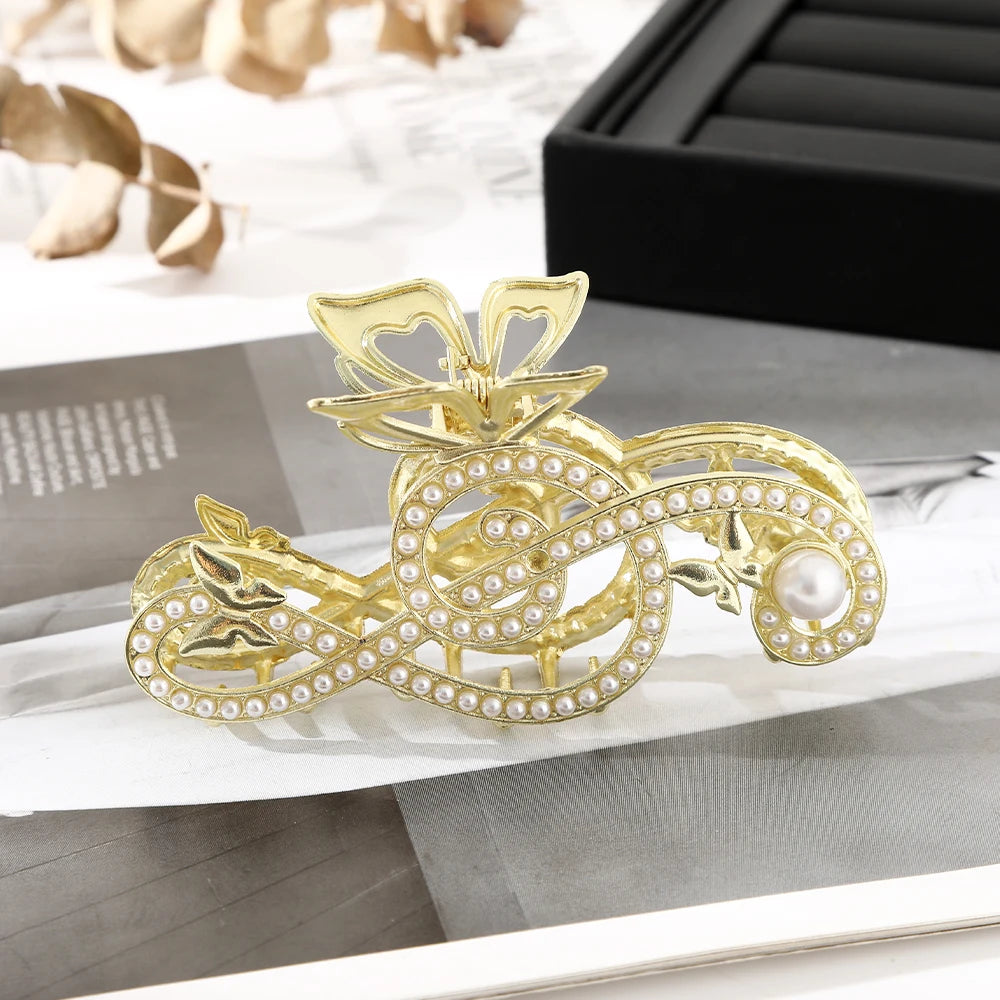 10.5cm Note Hairpin For Women Shiny Color Ponytail Hair Claw Hair Clips Ladies Pearl Rhinestone Butterfly Hair Accessories