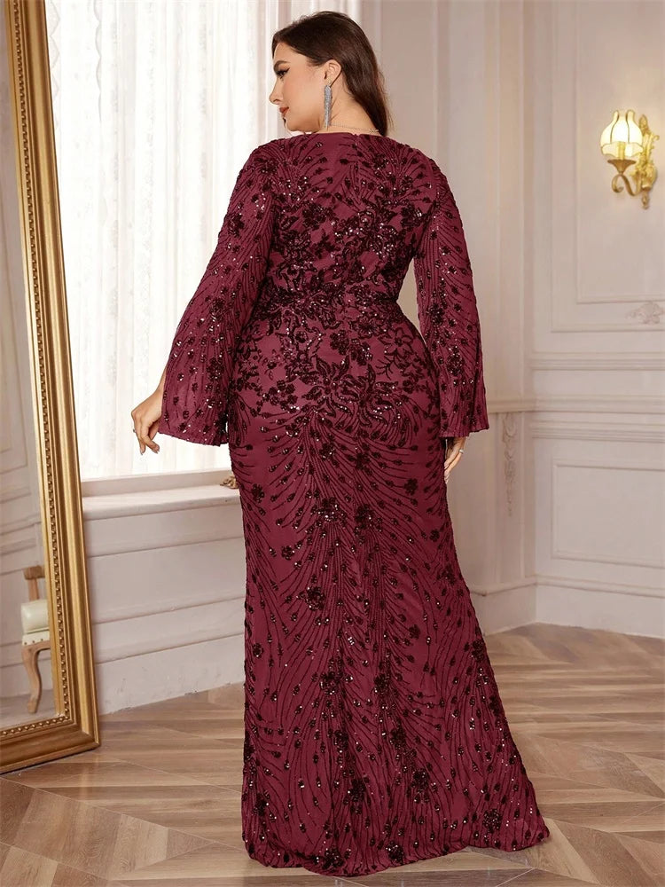 Lucyinlove Plus Size Luxury Gold Evening Dresses Women 2025 Long Sleeve Mermaid Formal Sequins Prom Wedding Party Cocktail Gowns