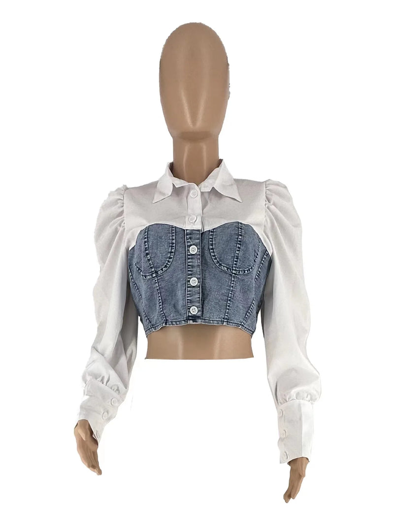 Camisa branca detalhe jeans emendado, feminino TShirts