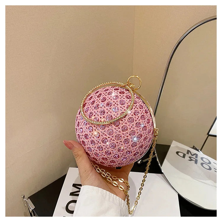 Sparkly Round Evening Purses for Women Shiny Diamonds Handbag Unusual Party Mini Small Bags Fashion Luxury Shoulder Bag Woman