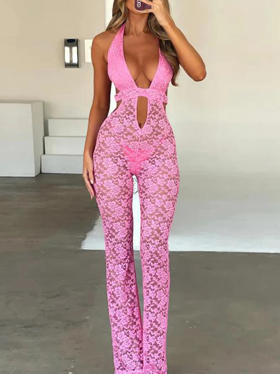 Women Halter Flare Jumpsuit Casual Summer Cutout Lace See-Through Backless Romper Pants Streetwear