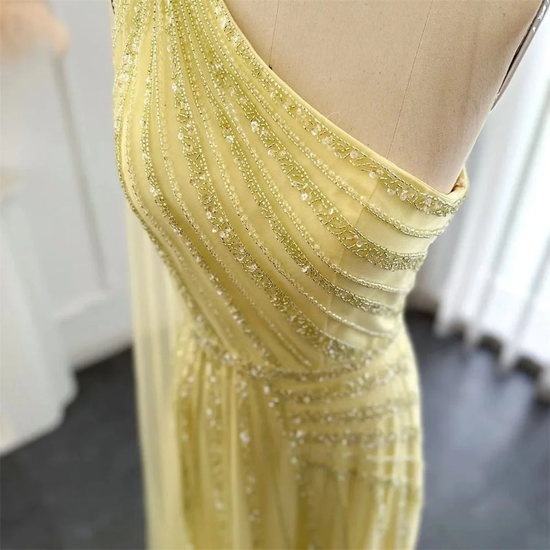 Bella Luxury Beaded Prom Dresses Yellow One Shoulder Wedding Dress Customized Sleeveless Sexy Side High Split Vestidos De Fiesta
