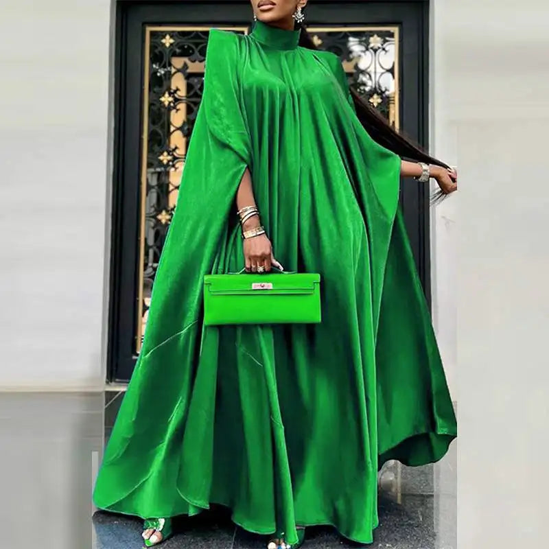 VONDA Women Elegant Satin Dress 2024 Fashion Long Bat Sleeve Stand Collar Evening Pleated Maxi Sundress Casual Solid Loose Robe