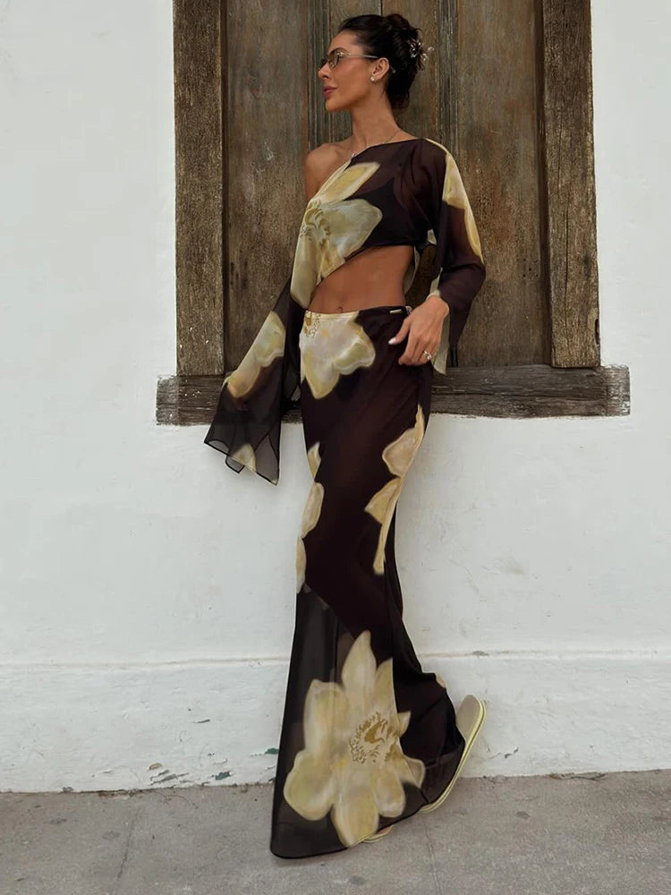 Kliou Floral Print 2 Piece Set Woman Skew Collar Full Sleeve Navel Exposed Tops+Elastic Waist Long Skirts Vacation Elegant Suits