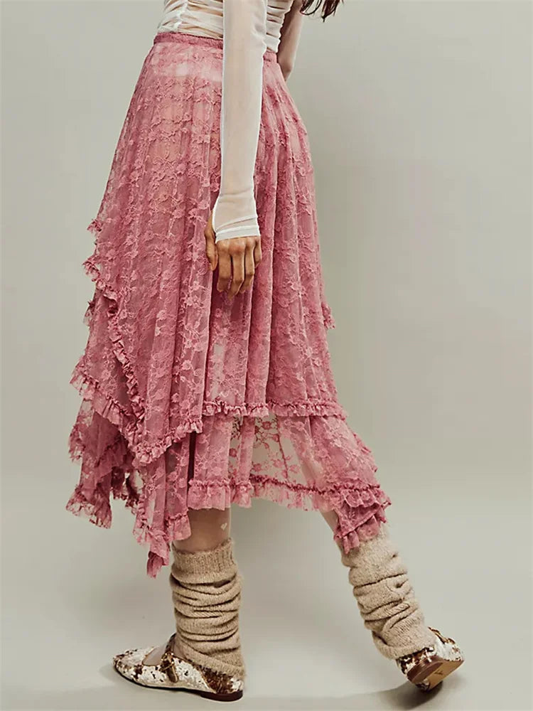 Saias longas femininas de renda, casuais, bainha irregular, camadas, babados, cintura elástica,urbana
