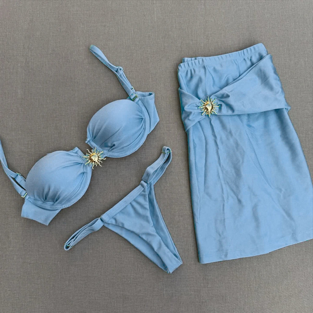 Biquíni push up de 3 peças, traje de banho, conjunto de biquíni sexy, traje de banho, saia saídas de praia