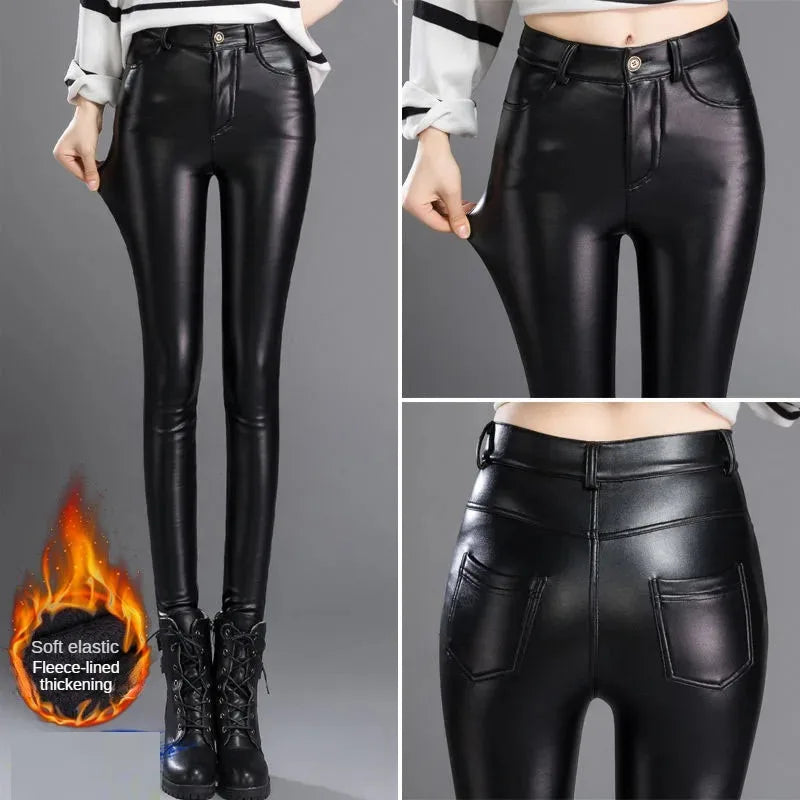 Calças de couro sintético de caxemira femininas outono/inverno 2024, grossas e de lã, cintura alta, justas e quentes, leggings pretas